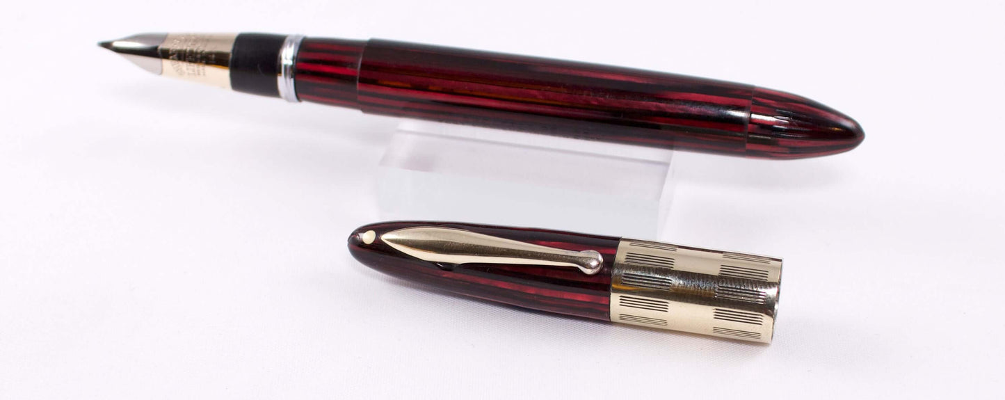 Sheaffer Triumph Vacuum-Fil Plunger Filler, Extra Wide Cap Band. Carmine Red with gold fill trim, Medium 14K Two Tone Triumph Nib; Restored Vintage Vac-Fil Fountain Pen Ozark Pen Shop