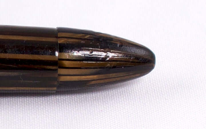 Sheaffer Triumph Vacuum-Fil Plunger Filler, Extra Wide Cap Band. Golden brown with gold fill trim, Medium 14K Two Tone Triumph Nib; Restored Vintage Vac-Fil Fountain Pen Ozark Pen Shop