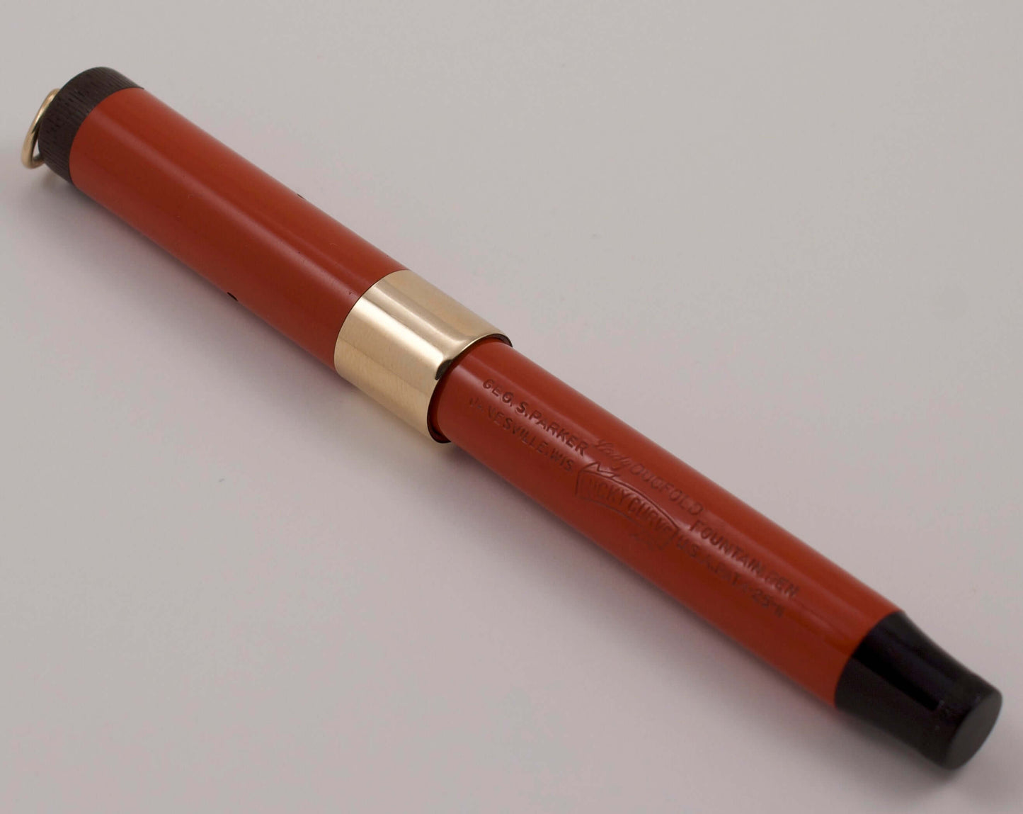 Parker Lady Duofold Ring Top. Orange Permanite with button filler. Restored. Medium 14K nib. Ozark Pen Shop