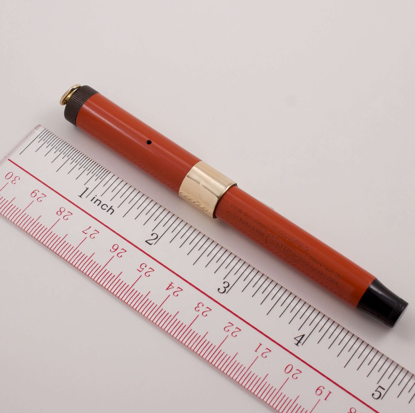 Parker Lady Duofold Ring Top. Orange Permanite with button filler. Restored. Medium 14K nib. Ozark Pen Shop
