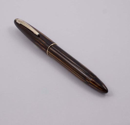 Sheaffer Vac-Fil, Brown Striated with a 14K Gold Two-tone Fine Nib, White Dot, Lifetime Vintage Vac-Fil Fountain Pen Ozark Pen Shop