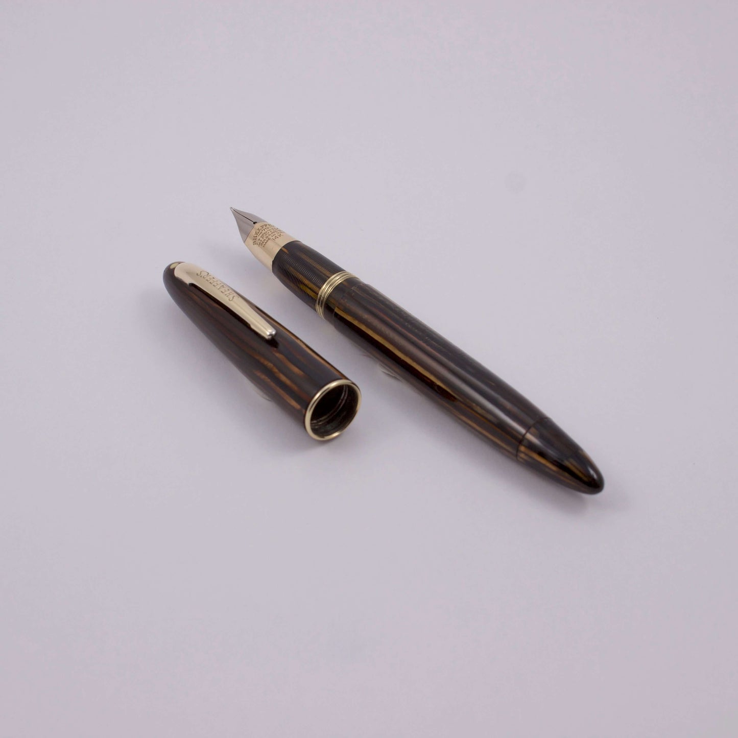 Sheaffer Vac-Fil, Brown Striated with a 14K Gold Two-tone Fine Nib, White Dot, Lifetime Vintage Vac-Fil Fountain Pen Ozark Pen Shop