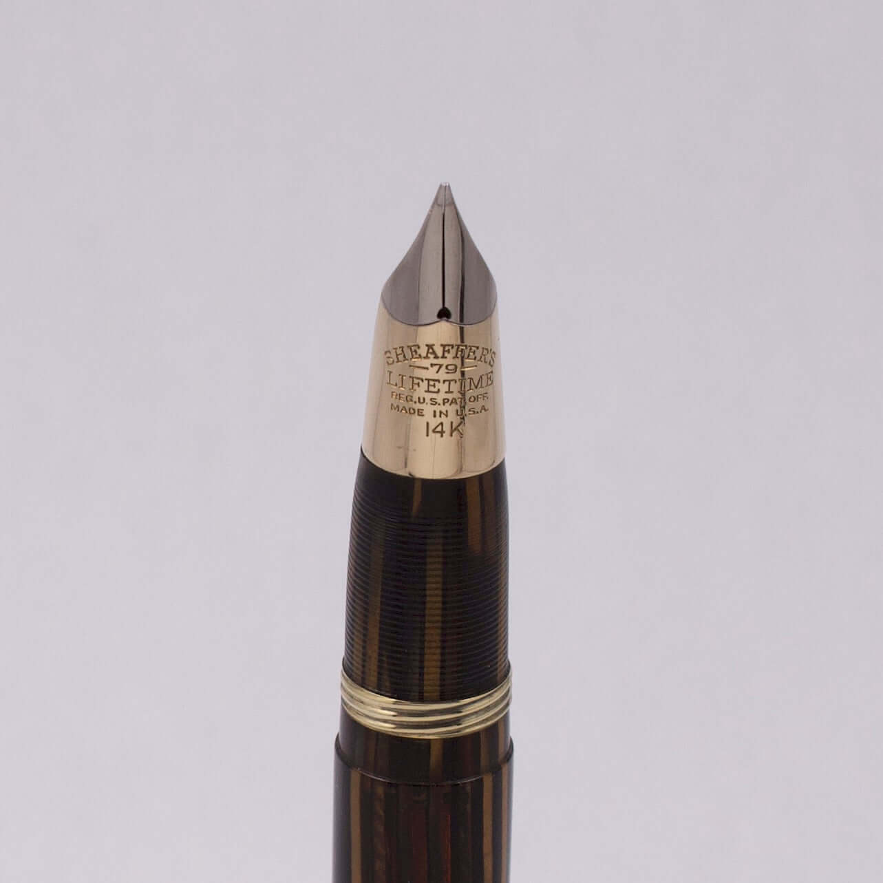 Sheaffer Vac-Fil, Brown Striated with a 14K Gold Two-tone Fine Nib, White Dot, Lifetime Vintage Vac-Fil Fountain Pen Ozark Pen Shop