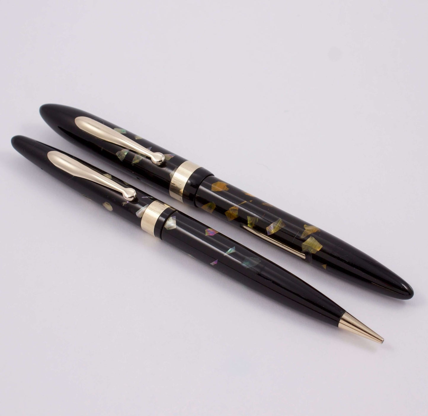 Sheaffer Fountain Pen, Ebonized Pearl, Wide Milled Cap, Lever Fill, 14K Gold Junior Medium Nib, Pen and Pencil Set Ozark Pen Shop