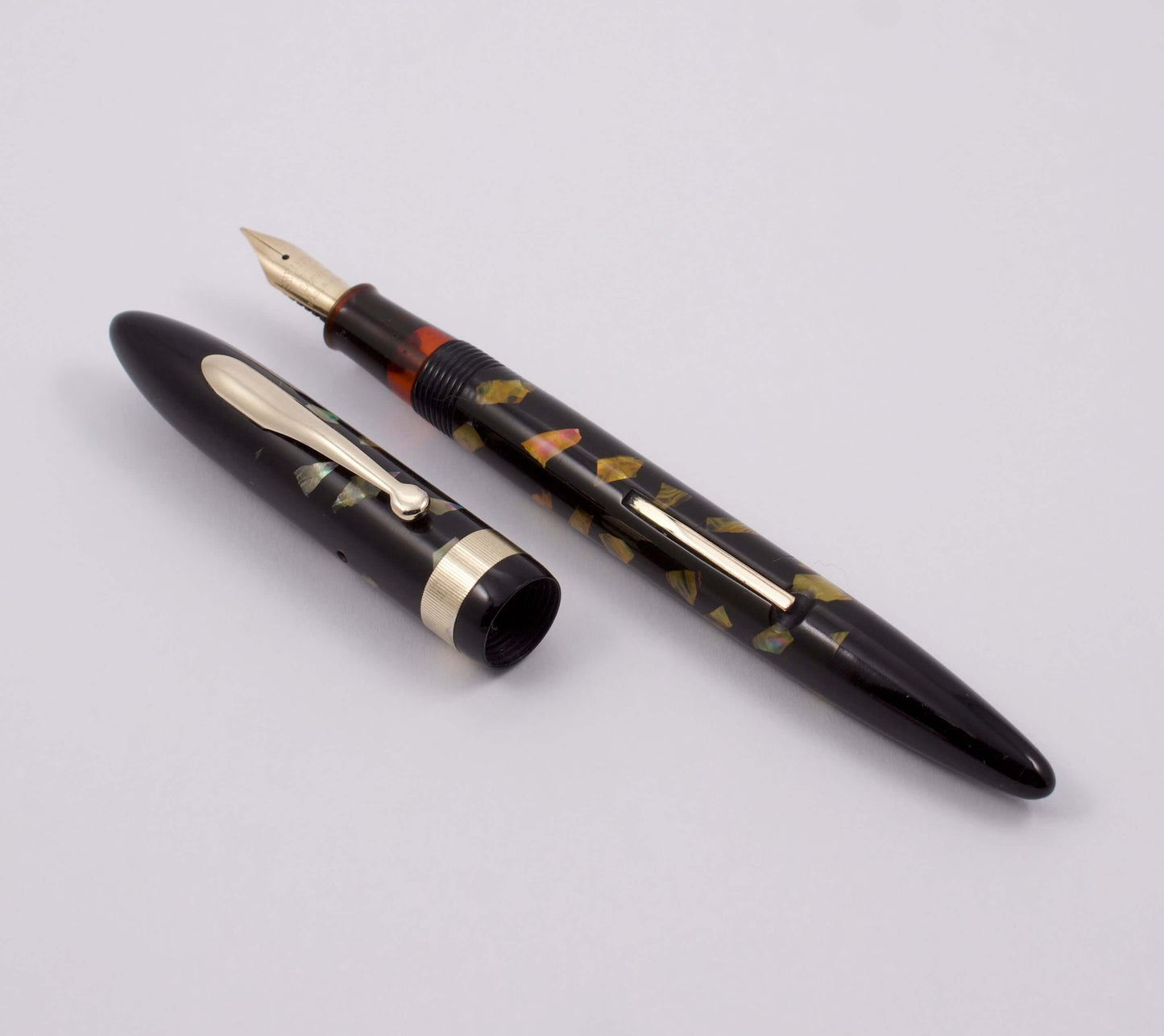 Sheaffer Fountain Pen, Ebonized Pearl, Wide Milled Cap, Lever Fill, 14K Gold Junior Medium Nib, Pen and Pencil Set Ozark Pen Shop