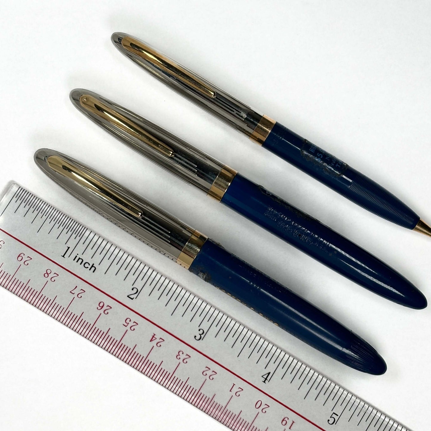 Sheaffer Triumph Sentinel Deluxe Three Piece Fountain Pen Set, Persian Blue, Restored Vac-Fil, Stickered NOS Ozark Pen Shop