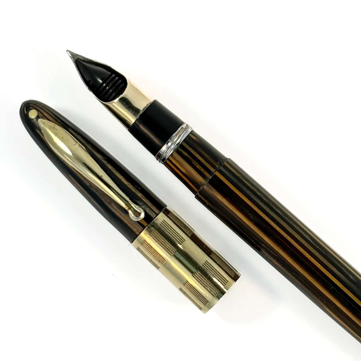 Golden Brown Sheaffer Triumph Vacuum-fil, Extra-wide cap Band with gold filled trim. Medium Two-tone Nib Ozark Pen Shop