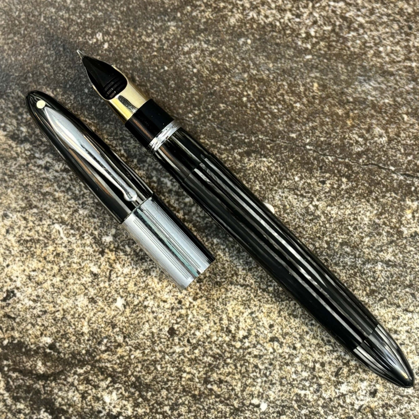 Sheaffer Triumph Vac-fil, Extra-wide cap Band, Gray Pearl with Chrome trim. Fine Two-tone Nib Ozark Pen Shop