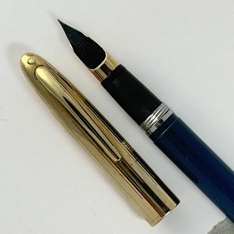 Sheaffer Touchdown TM Crest Deluxe; Persian Blue Barrel with GF Cap, Fine 14K two-tone triumph nib. Ozark Pen Shop