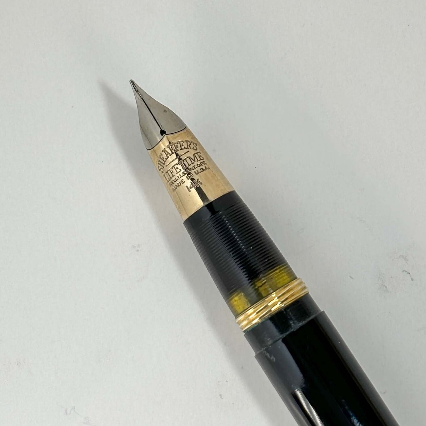 Sheaffer Triumph Lifetime Fountain Pen, Black with Large Gold-Filled Cap Band, Restored Vac-Fil, Two-tone 14K Fine Nib Ozark Pen Shop