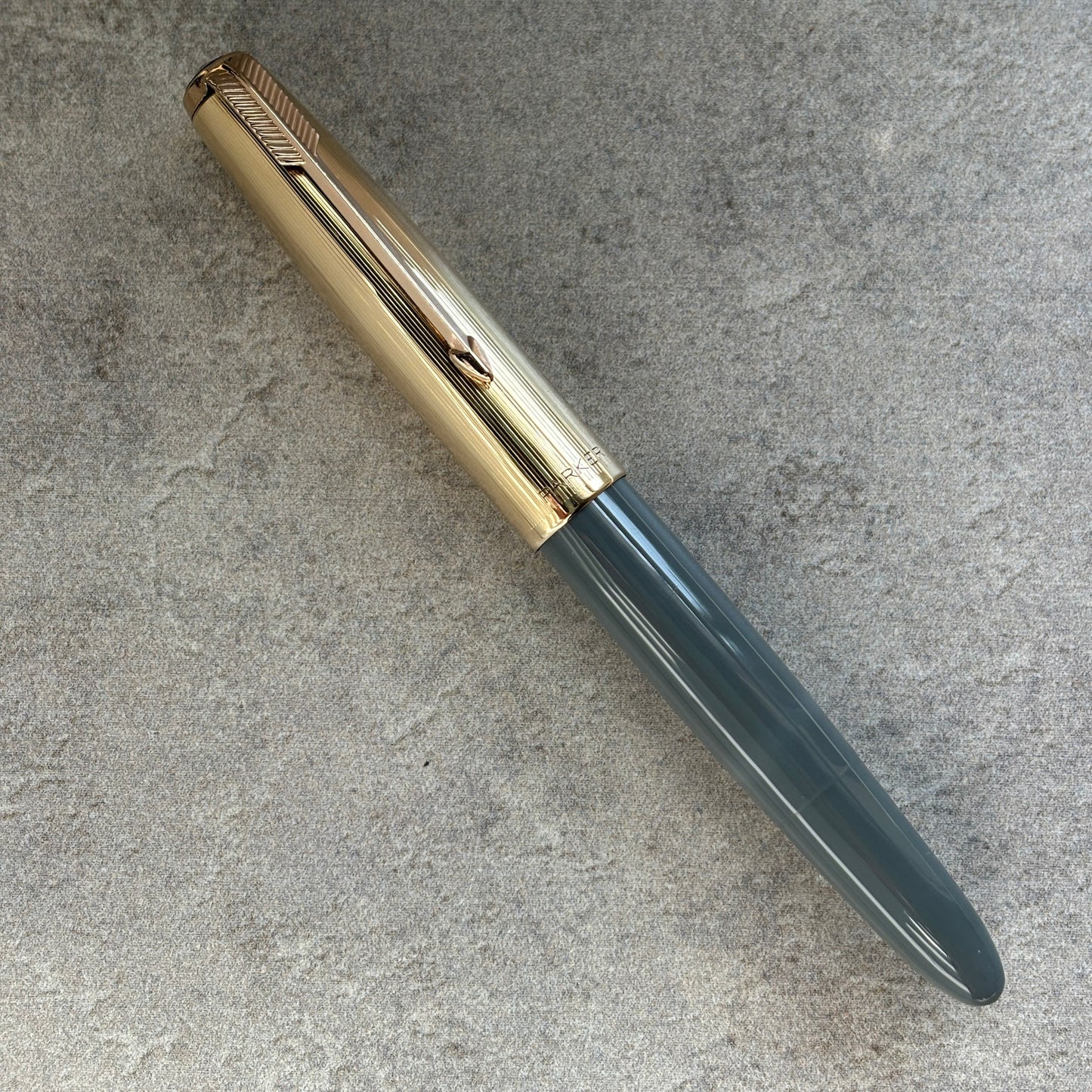 Parker 51 Demi Vacumatic, Dove Gray, Gold Filled Lined Cap, Fine 14K gold nib