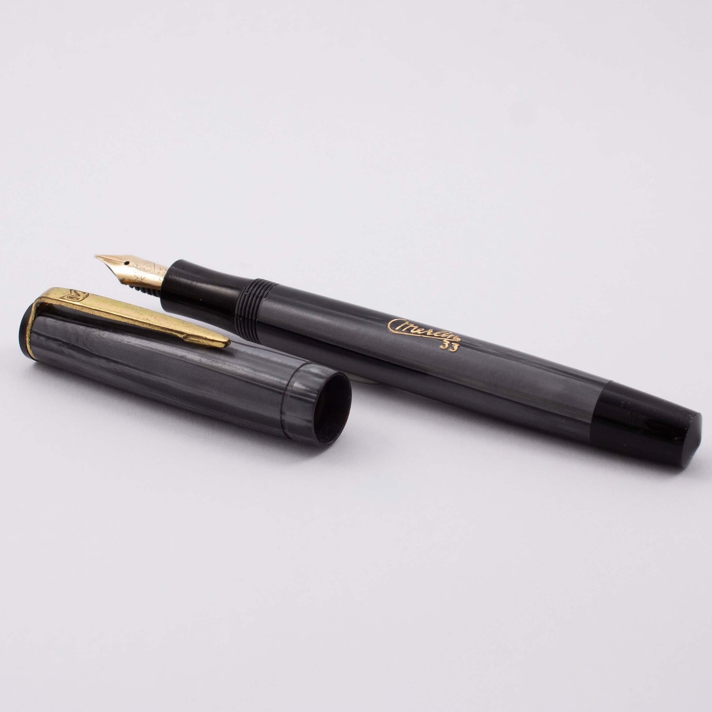 Merlin 33 Fountain Pen, Blue/Grey Striped, 14K Merlin Nib, Flexible, Button Filler with New Sac Installed Ozark Pen Shop