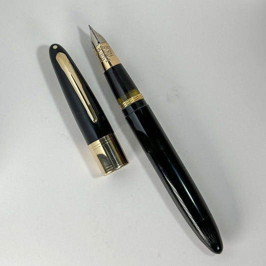 Sheaffer Triumph Lifetime Fountain Pen, Black with Large Gold-Filled Cap Band, Restored Vac-Fil, Two-tone 14K Fine Nib Ozark Pen Shop