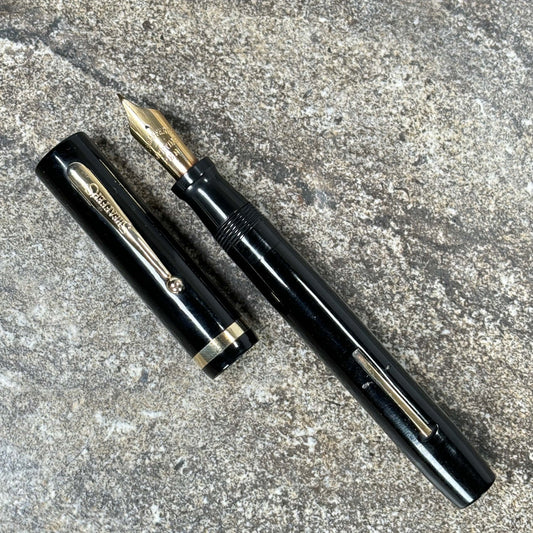 Sheaffer Flat Top Lifetime Fountain Pen, Oversized Black with humped Ball Clip and a Large Lifetime 14K Fine Nib and Gold filled Trim Ozark Pen Shop
