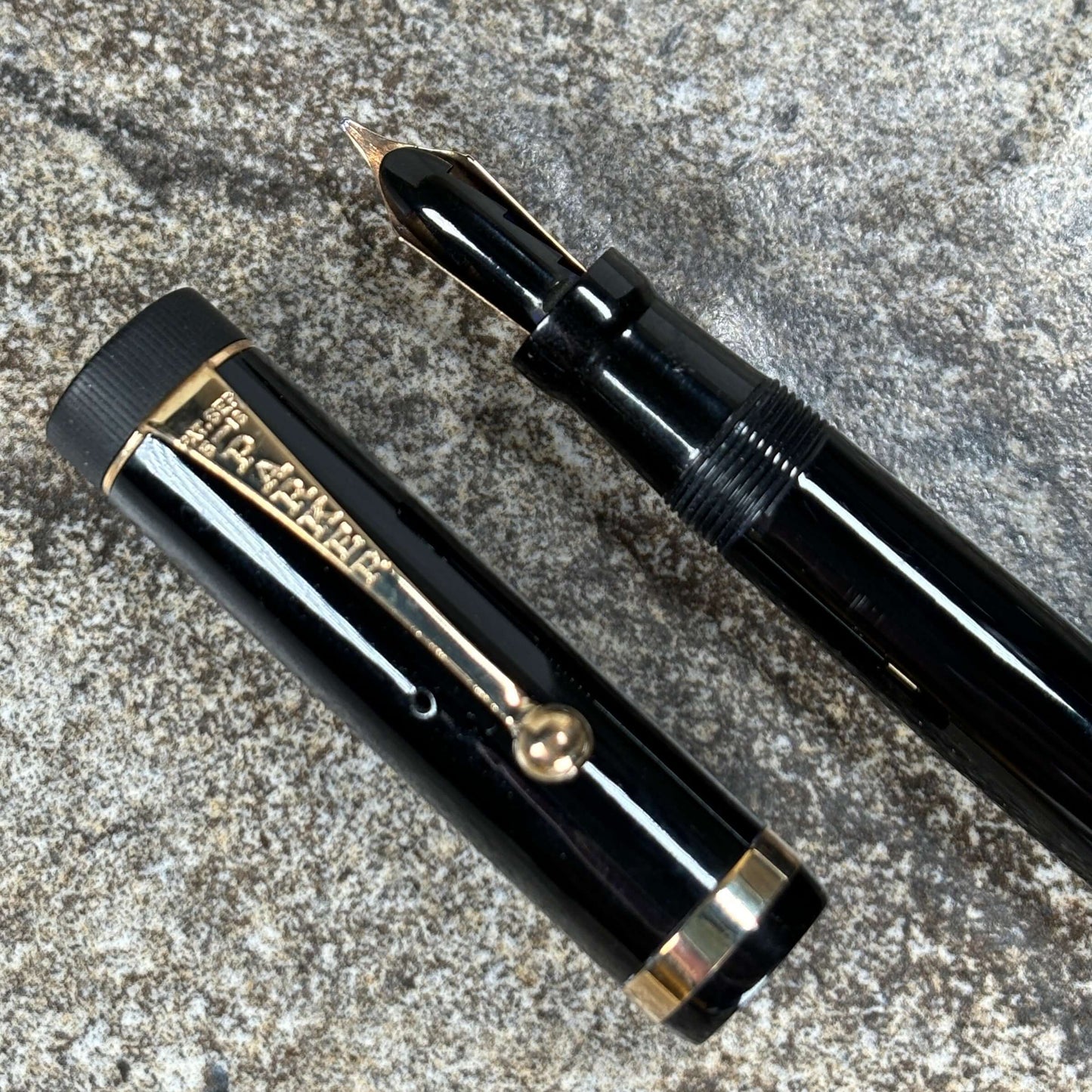 Parker Duofold, JR Fountain Pen, Black with Single Raised Band, Button Filler, Medium Wet nib Ozark Pen Shop