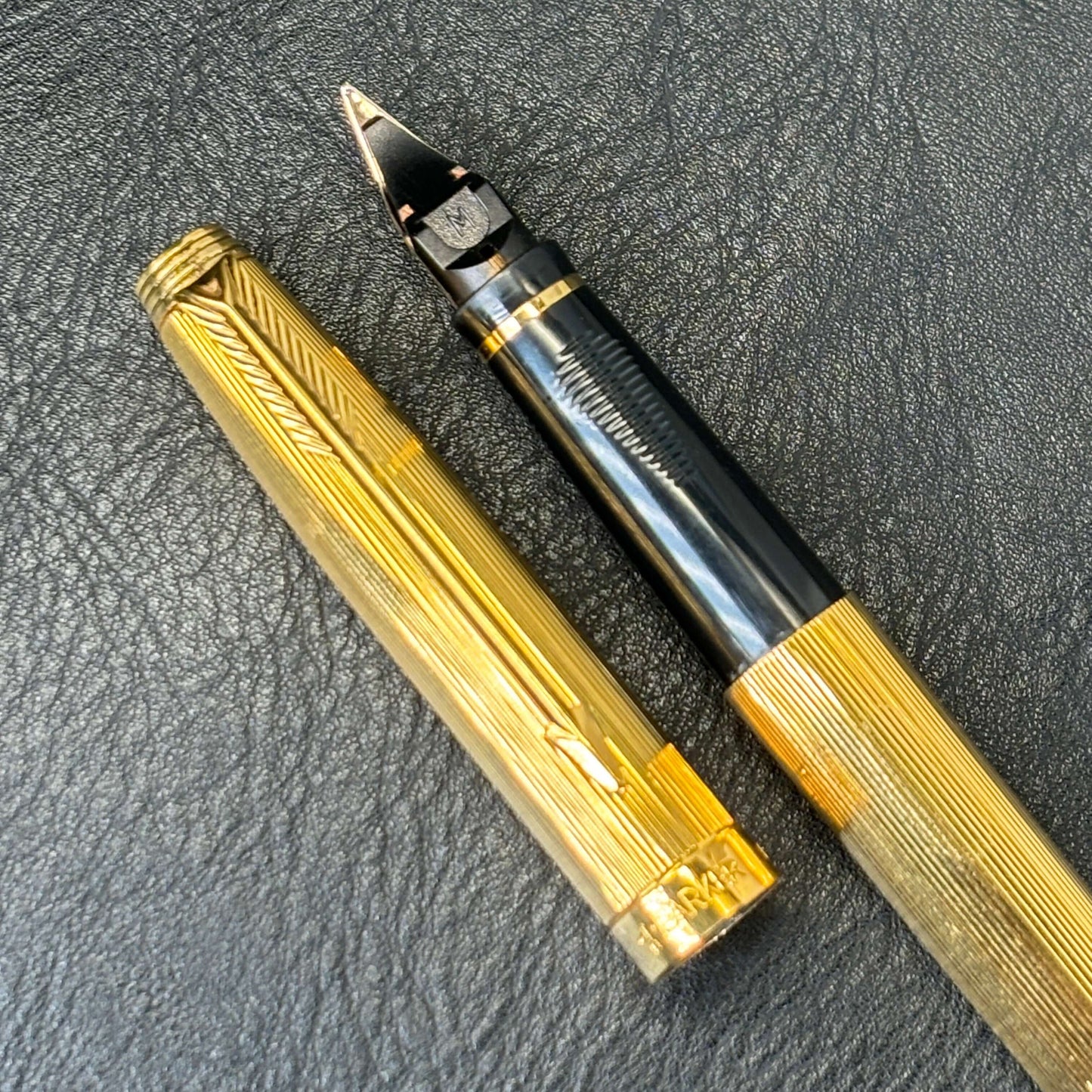 Parker 75 Fountain Pen and Cap Actuated Ballpoint Pen Set, Gold Plated cap and Barrels, 14K Medium nib. Ozark Pen Shop