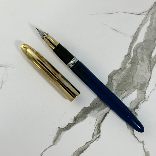 Sheaffer Touchdown TM Crest Deluxe; Persian Blue Barrel with GF Cap, Fine 14K two-tone triumph nib. Ozark Pen Shop