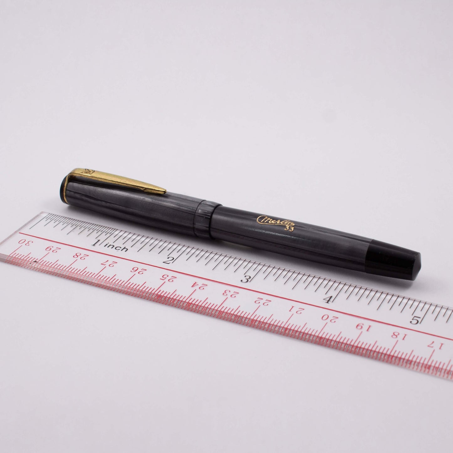 Merlin 33 Fountain Pen, Blue/Grey Striped, 14K Merlin Nib, Flexible, Button Filler with New Sac Installed Ozark Pen Shop