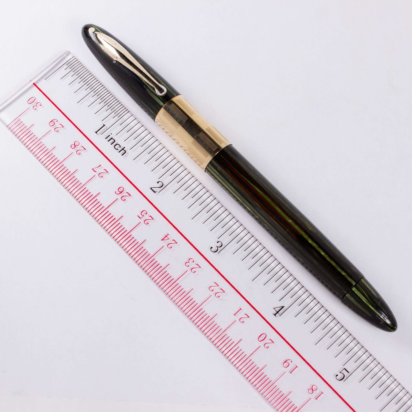 Sheaffer Triumph Vacuum-Fil Plunger Filler, Extra Wide Cap Band. Marine Green with chrome plated trim, Medium 14K Two Tone Triumph Nib; Restored Vintage Vac-Fil Fountain Pen Ozark Pen Shop