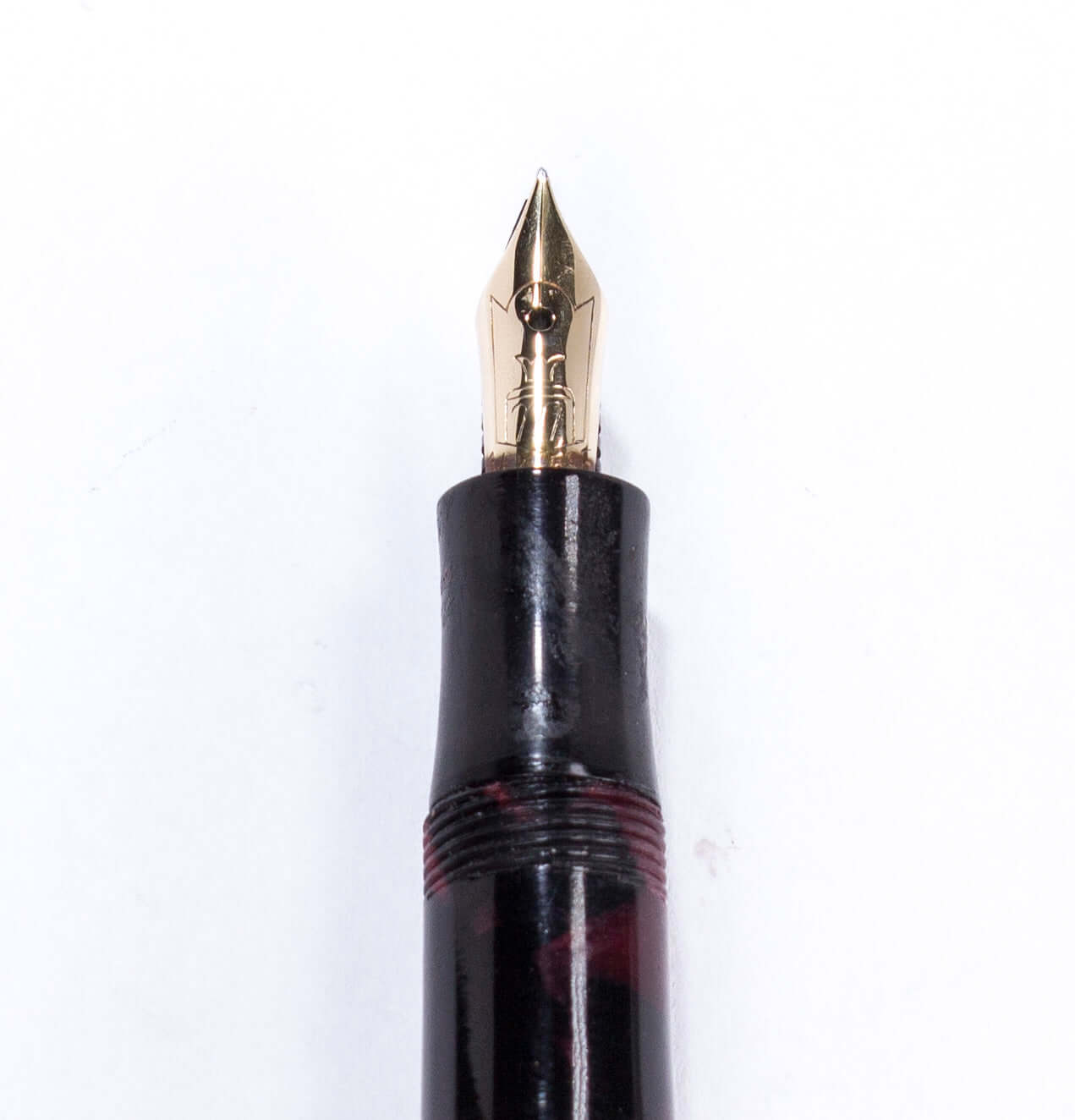 Merlin 33 Fountain Pen, Red Marble, Gold Trim 14K Merlin Nib, Flexible, Button Filler with New Sac Installed Ozark Pen Shop