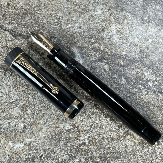 Parker Duofold, JR Fountain Pen, Black with Single Raised Band, Button Filler, Medium Wet nib Ozark Pen Shop