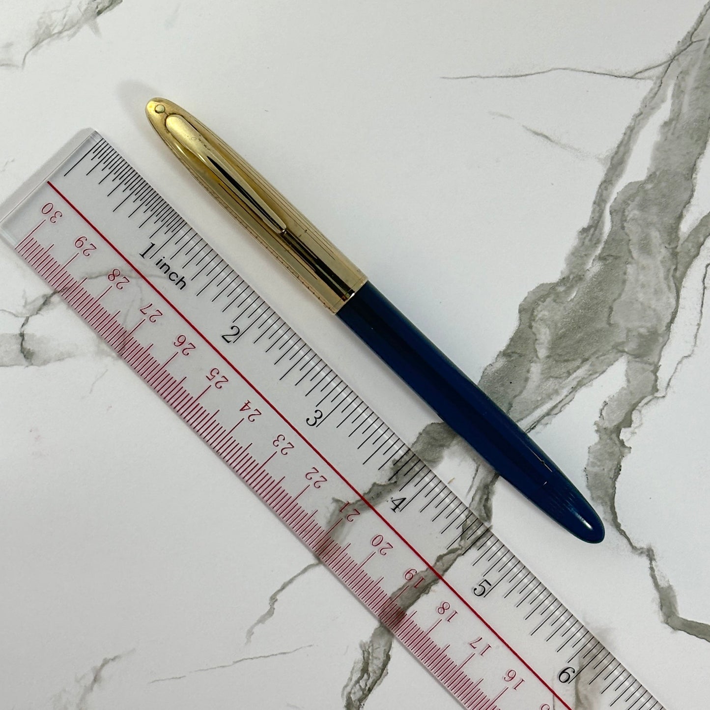 Sheaffer Touchdown TM Crest Deluxe; Persian Blue Barrel with GF Cap, Fine 14K two-tone triumph nib. Ozark Pen Shop