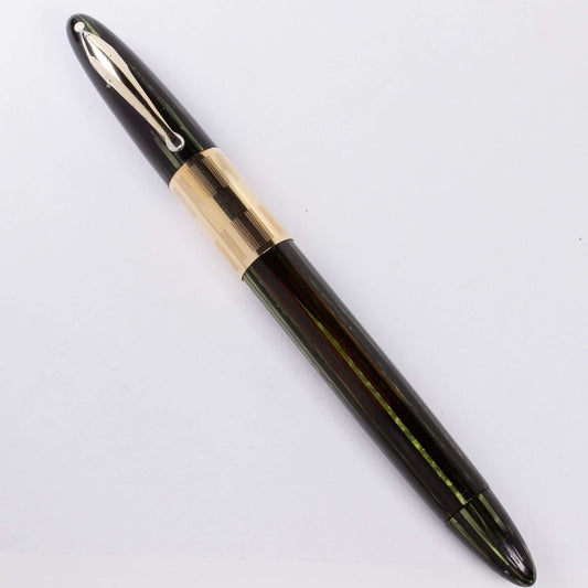 Sheaffer Triumph Vacuum-Fil Plunger Filler, Extra Wide Cap Band. Marine Green with chrome plated trim, Medium 14K Two Tone Triumph Nib; Restored Vintage Vac-Fil Fountain Pen Ozark Pen Shop