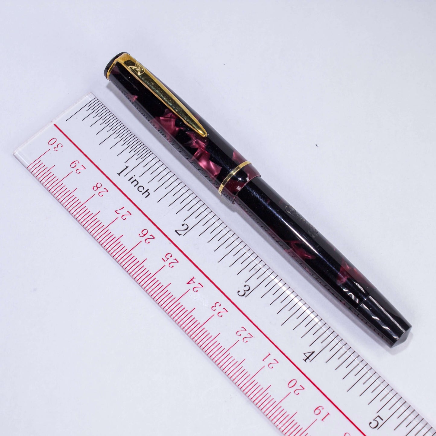 Merlin 33 Fountain Pen, Red Marble, Gold Trim 14K Merlin Nib, Flexible, Button Filler with New Sac Installed Ozark Pen Shop