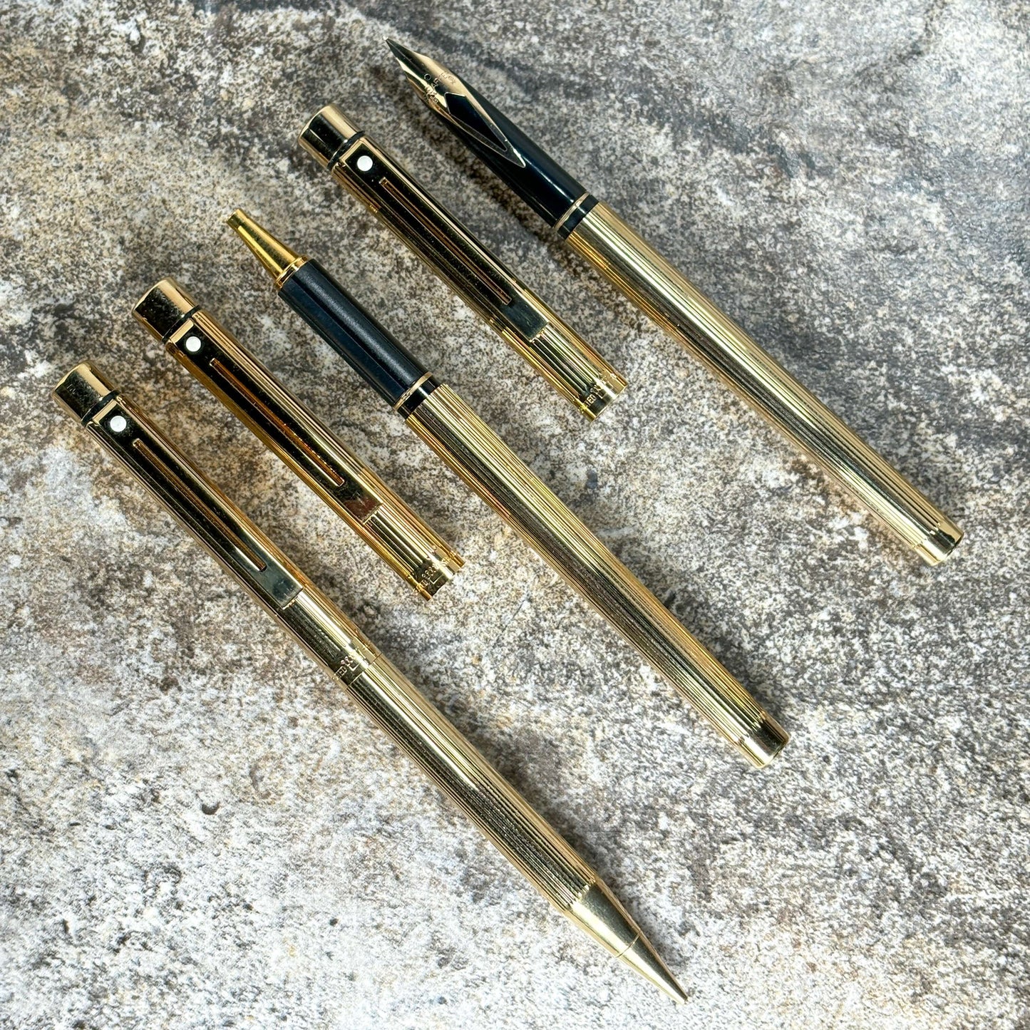 Sheaffer Targa Slimline, 3 piece set. Fine 14K inlaid nib. Roller ball and pencil. Ozark Pen Shop