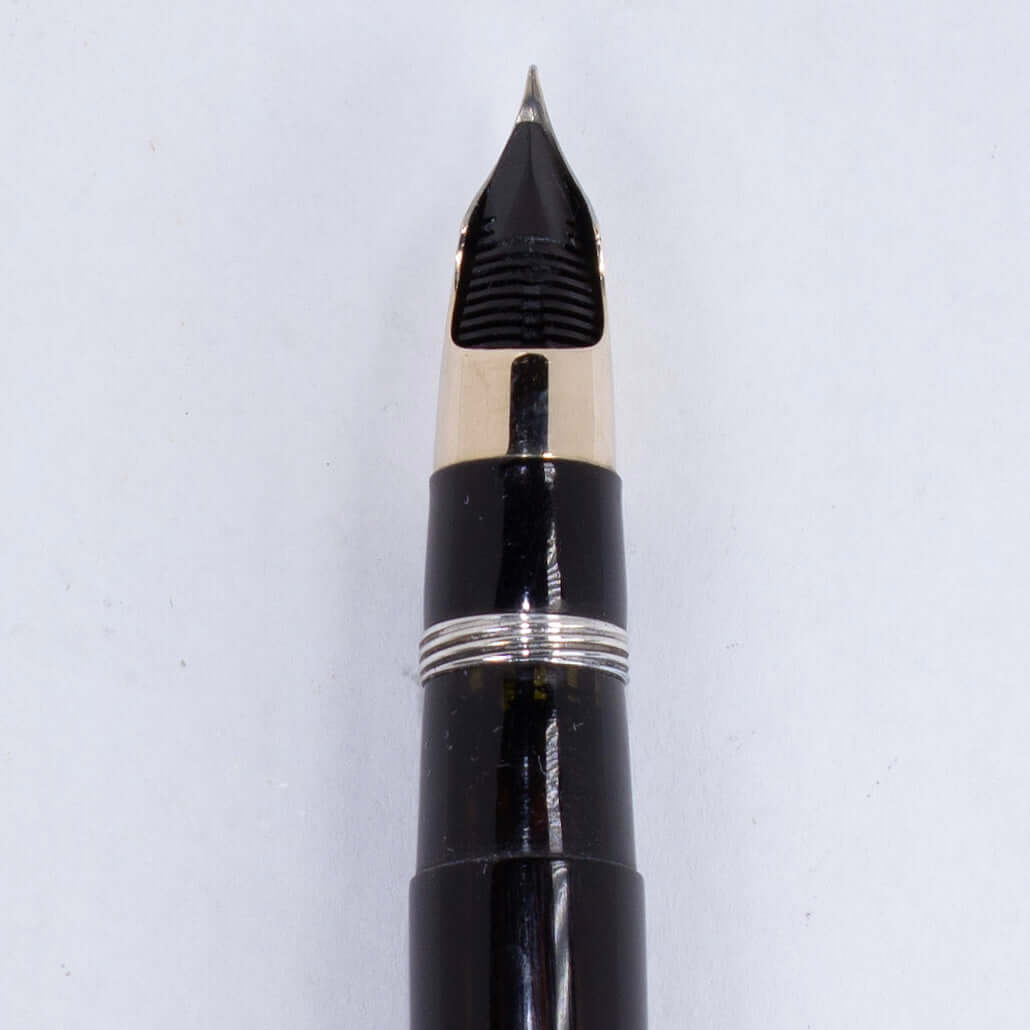 Sheaffer Triumph Vacuum-Fil Plunger Filler, "Reverse Trim" Extra Wide Cap Band, Uncommon black with Chrome Plated Trim, Fine 14K Two Tone Triumph Nib; Restored Vintage Vac-Fil Fountain Pen Ozark Pen Shop