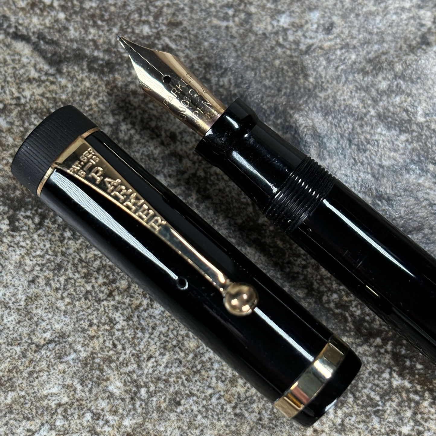 Parker Duofold, JR Fountain Pen, Black with Single Raised Band, Button Filler, Medium Wet nib Ozark Pen Shop