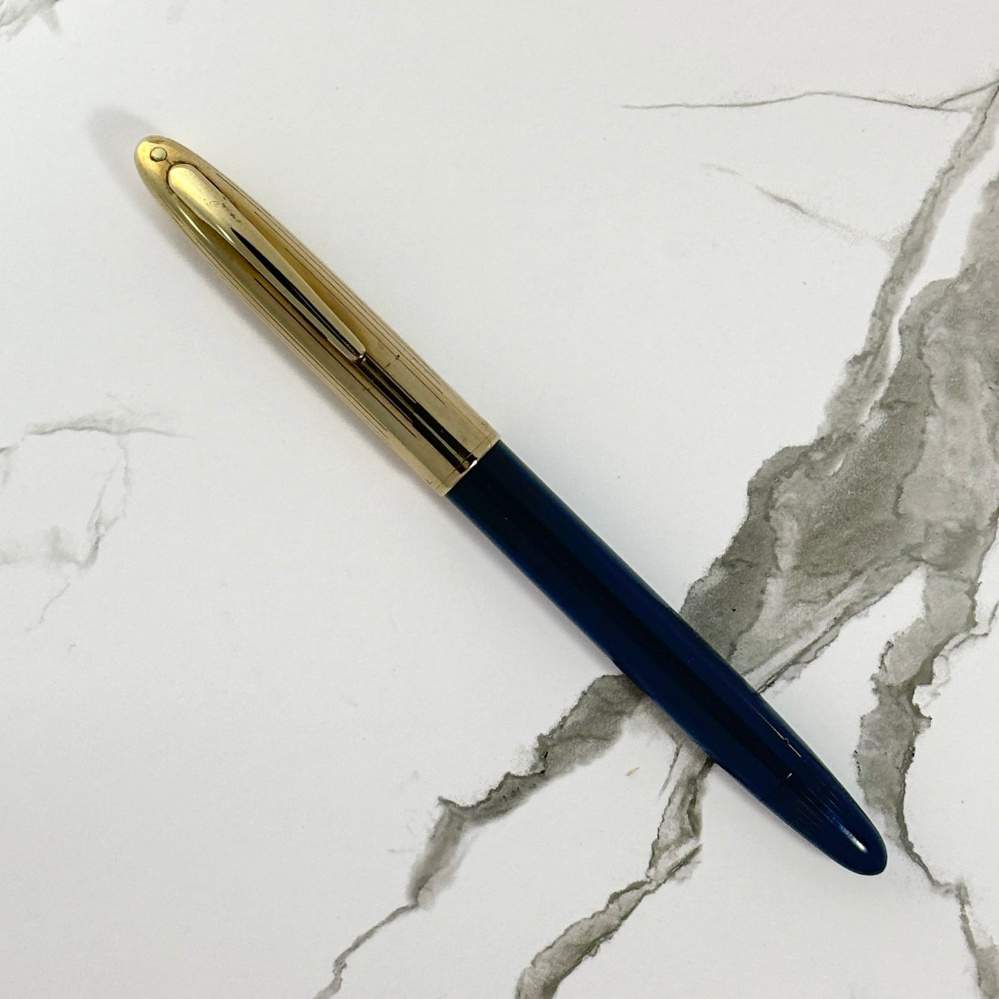 Sheaffer Touchdown TM Crest Deluxe; Persian Blue Barrel with GF Cap, Fine 14K two-tone triumph nib. Ozark Pen Shop