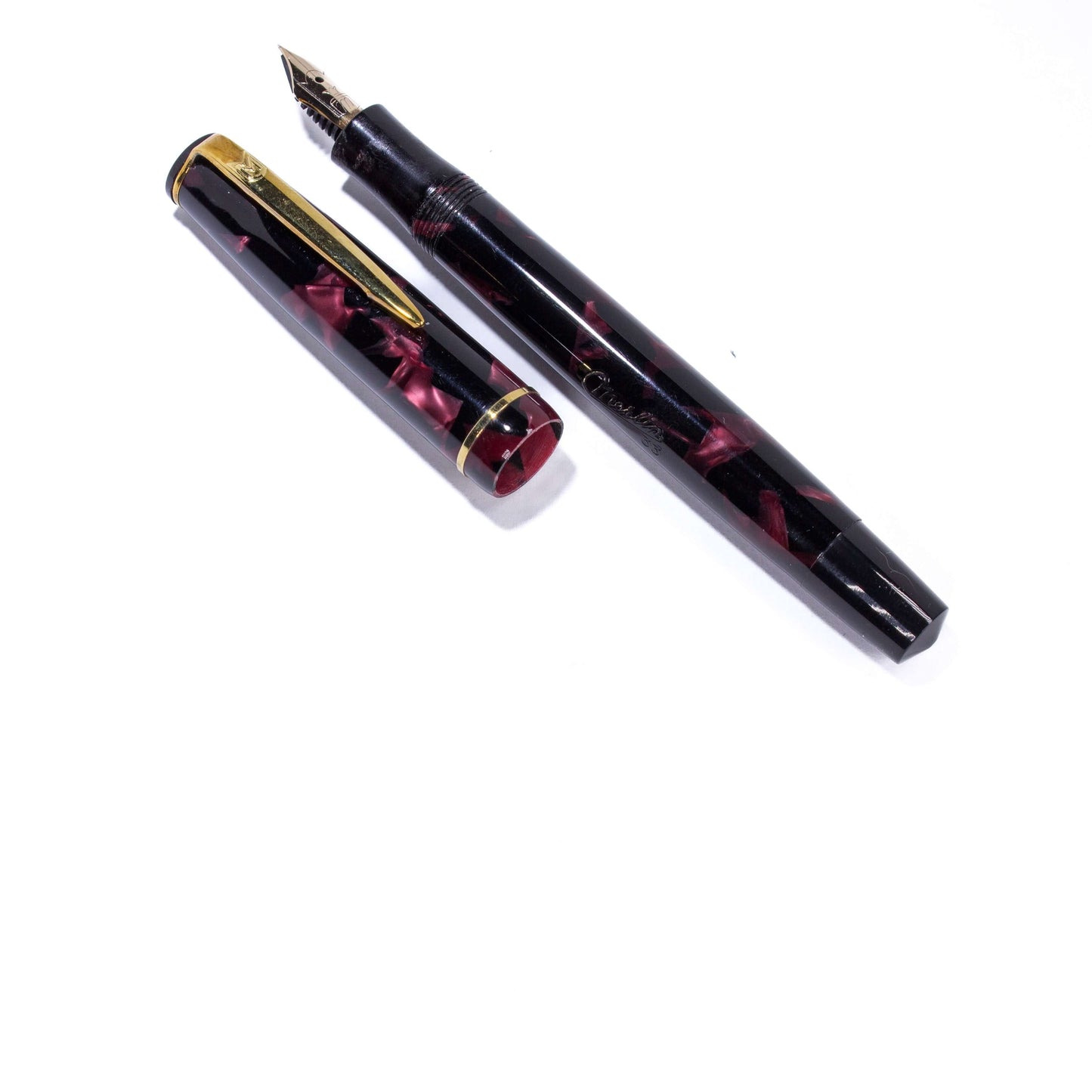 Merlin 33 Fountain Pen, Red Marble, Gold Trim 14K Merlin Nib, Flexible, Button Filler with New Sac Installed Ozark Pen Shop