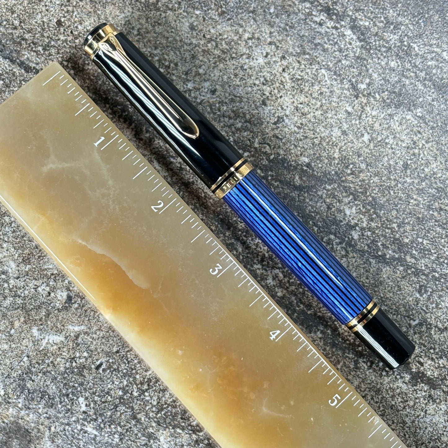 Pelikan M600 Blue/Black. Medium two tone nib, piston filler. Ozark Pen Shop