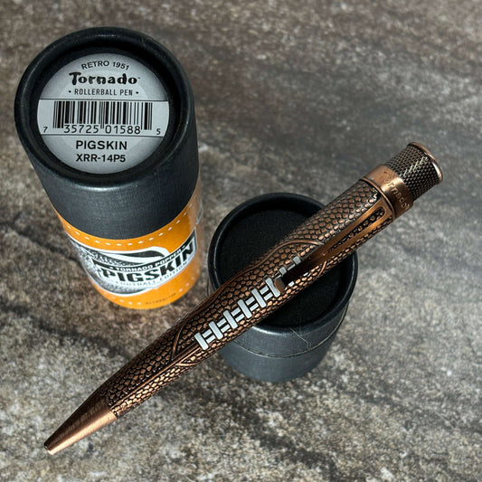 Retro 51 Tornado Popper Rollerball "Pigskin" Name/Type: Retro 51 Tornado Length: 5 Filling System: Rollerball Color/Pattern: Pigskin This pen is in excellent condition and includes the original tube. This is number 399 of only 500 pens made.