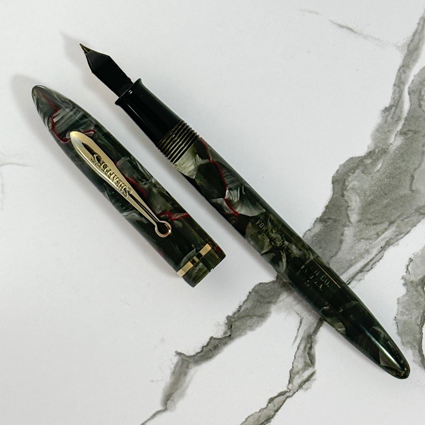 Sheaffer Balance; Red Veined Grey Pearl, full length-slender. 14K fine #3 nib Ozark Pen Shop