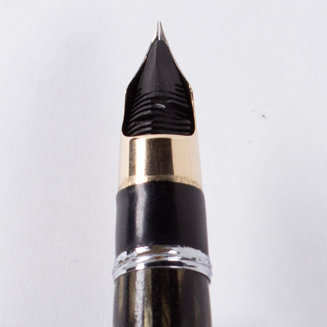 Sheaffer Triumph Vacuum-Fil Plunger Filler, Extra Wide Cap Band. Grey Pearl with chrome plated trim, Medium 14K Two Tone Triumph Nib; Restored Vintage Vac-Fil Fountain Pen Ozark Pen Shop