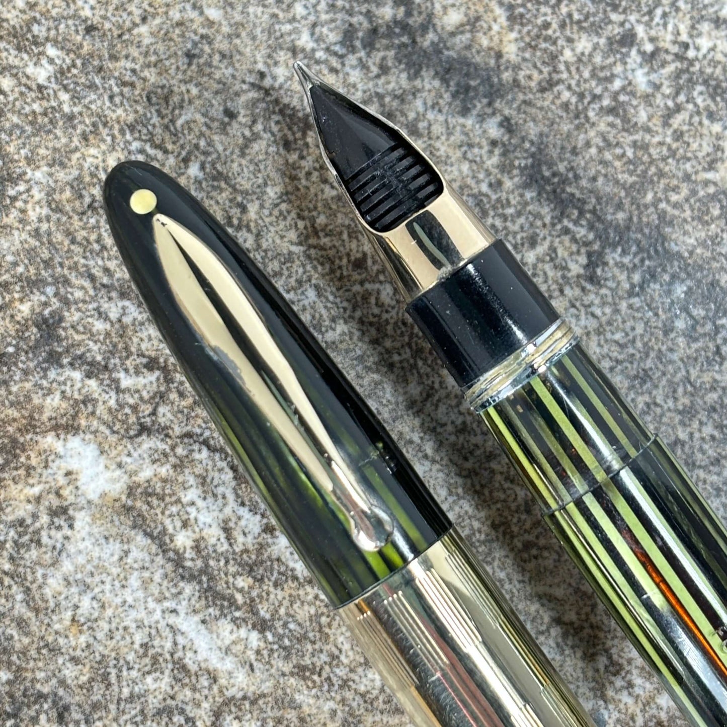 1940s Sheaffer Triumph Vacuum-fil, Extra-wide cap Band, Marine Green with gold filled trim. Fine/Medium Two-tone Nib  Ozark Pen Shop