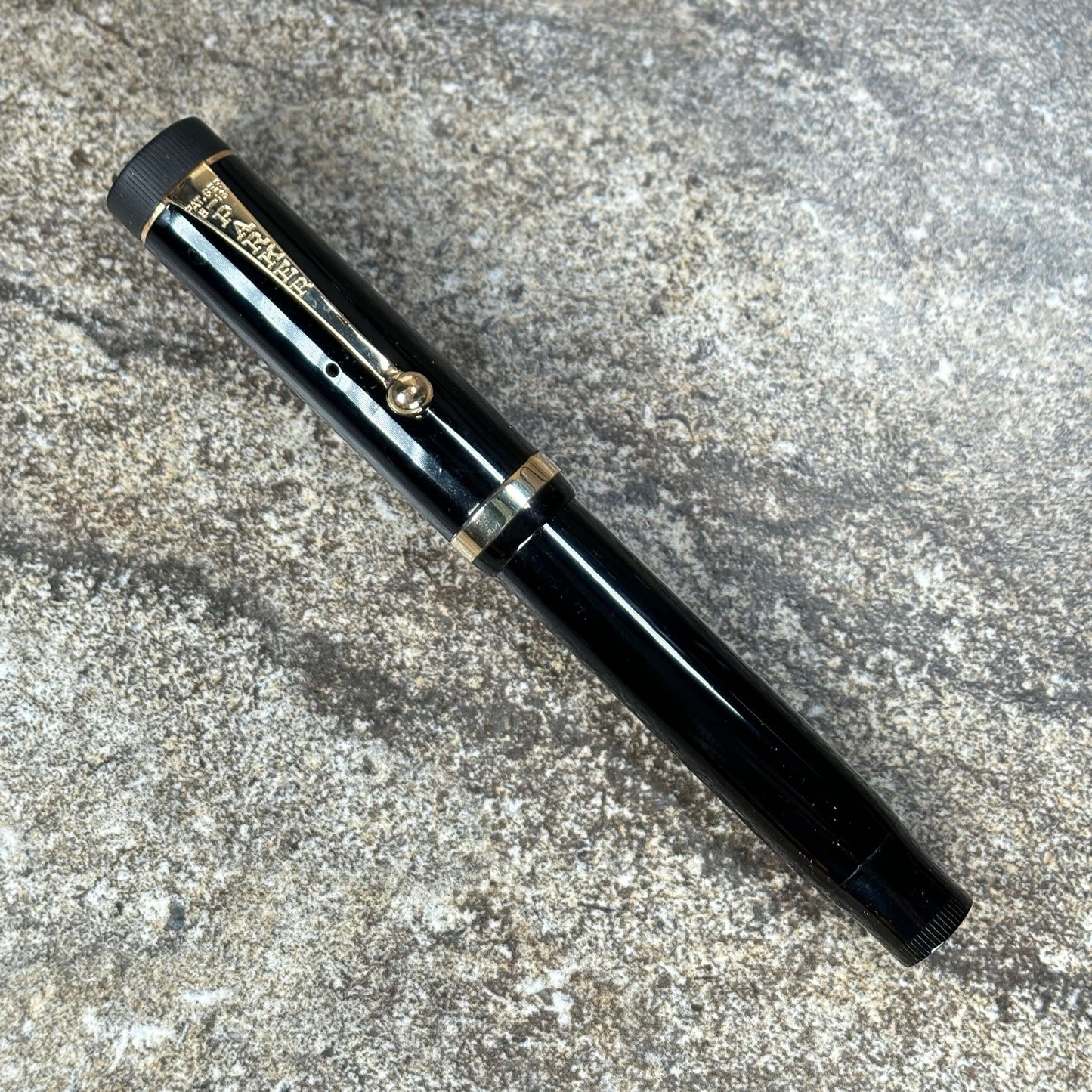 Parker Duofold, JR Fountain Pen, Black with Single Raised Band, Button Filler, Medium Wet nib Ozark Pen Shop