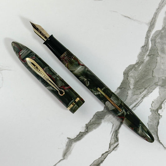 Sheaffer Balance; Red Veined Grey Pearl, full length-slender. 14K fine #3 nib Ozark Pen Shop