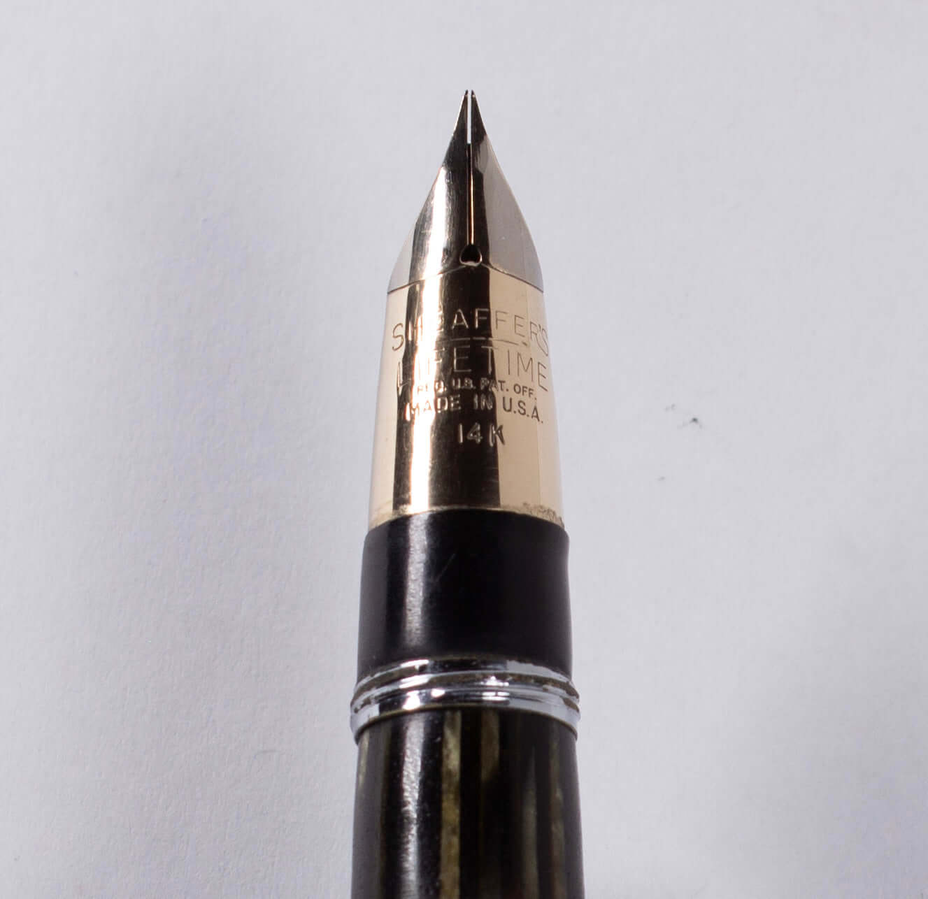 Sheaffer Triumph Vacuum-Fil Plunger Filler, Extra Wide Cap Band. Grey Pearl with chrome plated trim, Medium 14K Two Tone Triumph Nib; Restored Vintage Vac-Fil Fountain Pen Ozark Pen Shop