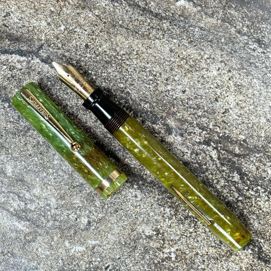 Sheaffer Flat Top Lifetime Fountain Pen, Oversized Jade Green with a Large Lifetime 14K Medium Nib and Gold filled Trim Ozark Pen Shop