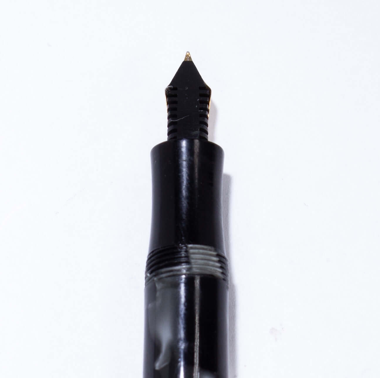 Merlin 33 Fountain Pen, Black and Grey Pearl, Gold Trim 14K Merlin Nib, Flexible, Button Filler with New Sac Installed Ozark Pen Shop