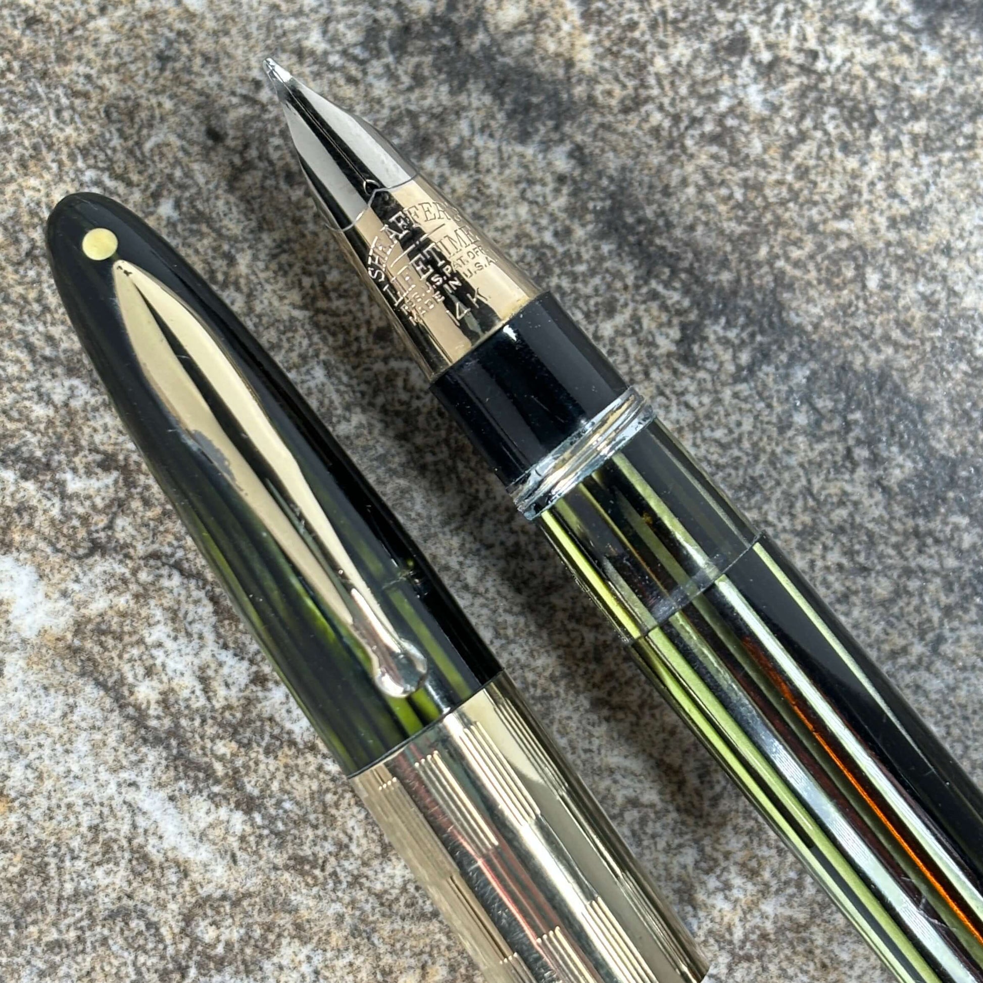 1940s Sheaffer Triumph Vacuum-fil, Extra-wide cap Band, Marine Green with gold filled trim. Fine/Medium Two-tone Nib  Ozark Pen Shop