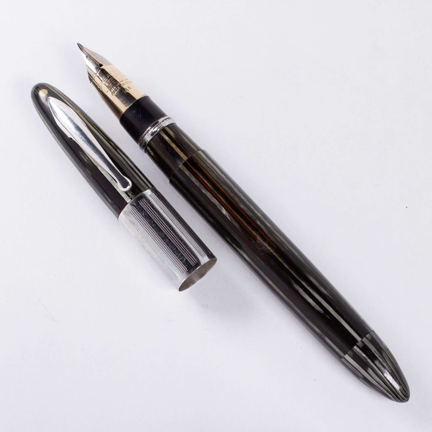 Sheaffer Triumph Vacuum-Fil Plunger Filler, Extra Wide Cap Band. Grey Pearl with chrome plated trim, Medium 14K Two Tone Triumph Nib; Restored Vintage Vac-Fil Fountain Pen Ozark Pen Shop