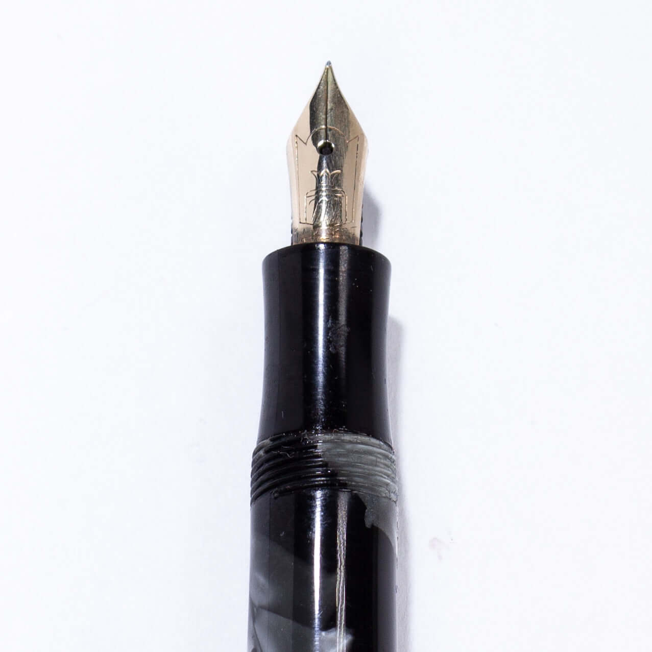 Merlin 33 Fountain Pen, Black and Grey Pearl, Gold Trim 14K Merlin Nib, Flexible, Button Filler with New Sac Installed Ozark Pen Shop