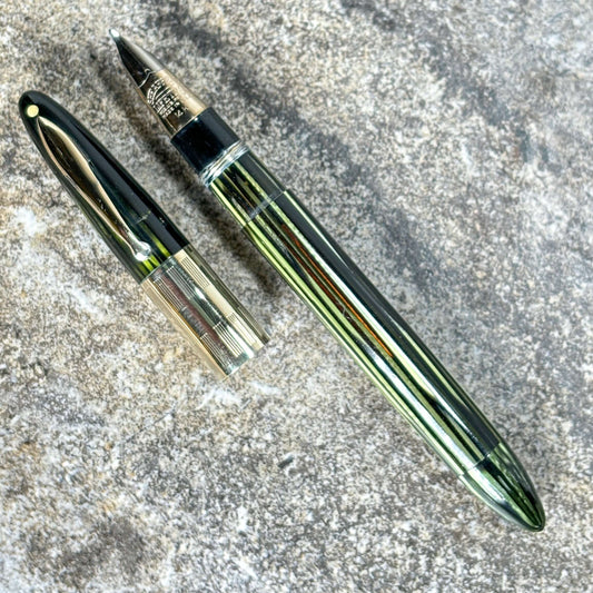 1940s Sheaffer Triumph Vacuum-fil, Extra-wide cap Band, Marine Green with gold filled trim. Fine/Medium Two-tone Nib  Ozark Pen Shop