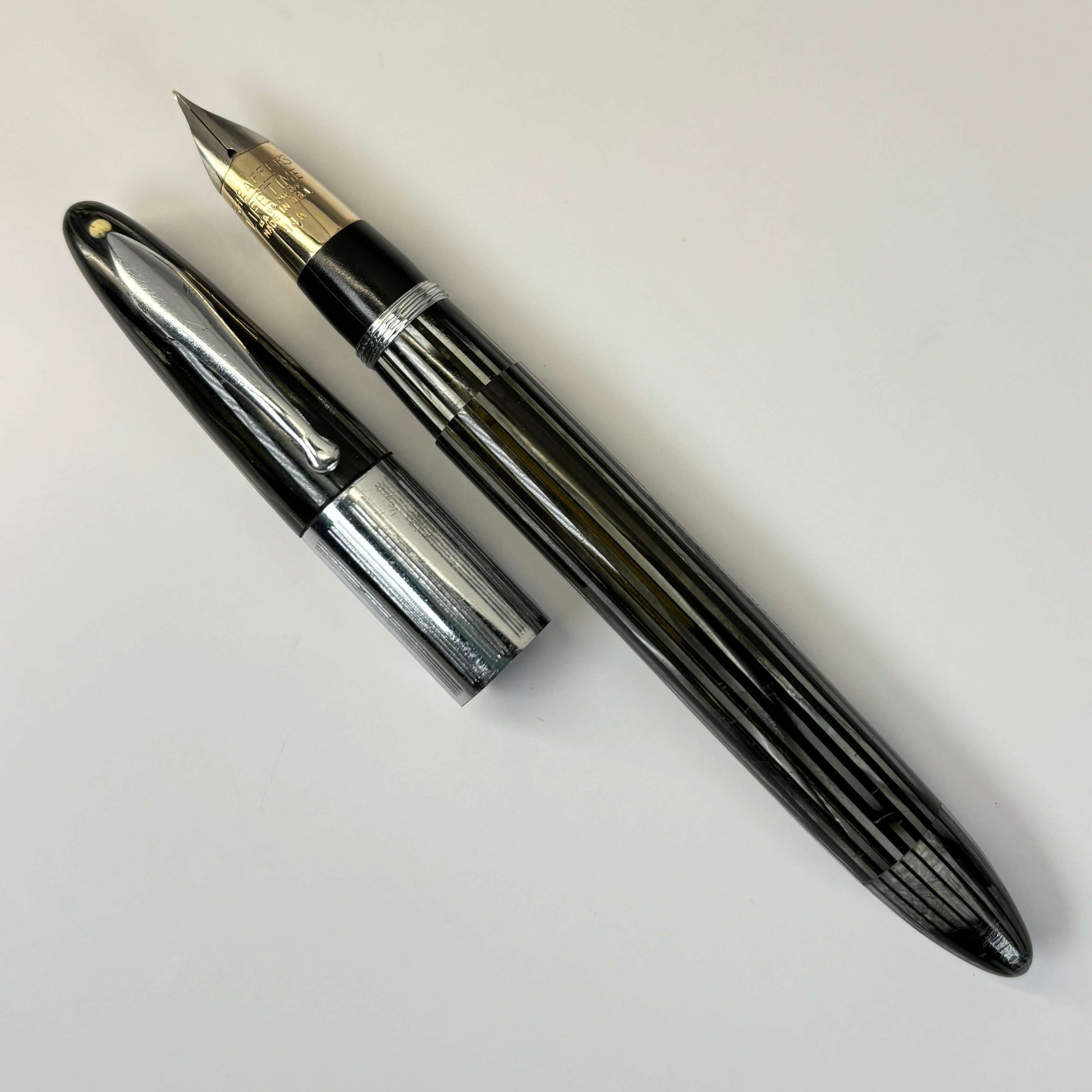 1940s Sheaffer Triumph Vac-fil, Extra-wide cap Band, Pearl Grey with Chrome trim. Medium Two-tone Nib  Ozark Pen Shop