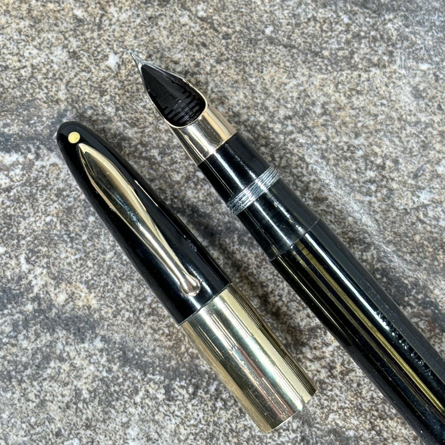 Sheaffer Triumph Vacu-Fil, Extra-wide Cap Band, Black with Gold Filled Trim, Fine Two-tone Nib Ozark Pen Shop