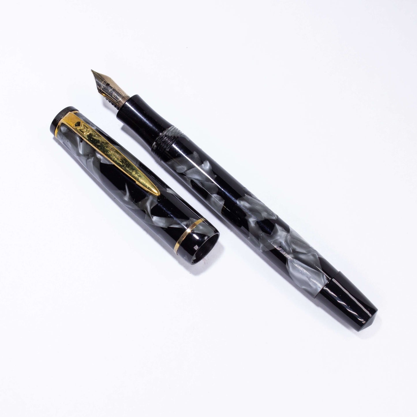 Merlin 33 Fountain Pen, Black and Grey Pearl, Gold Trim 14K Merlin Nib, Flexible, Button Filler with New Sac Installed Ozark Pen Shop